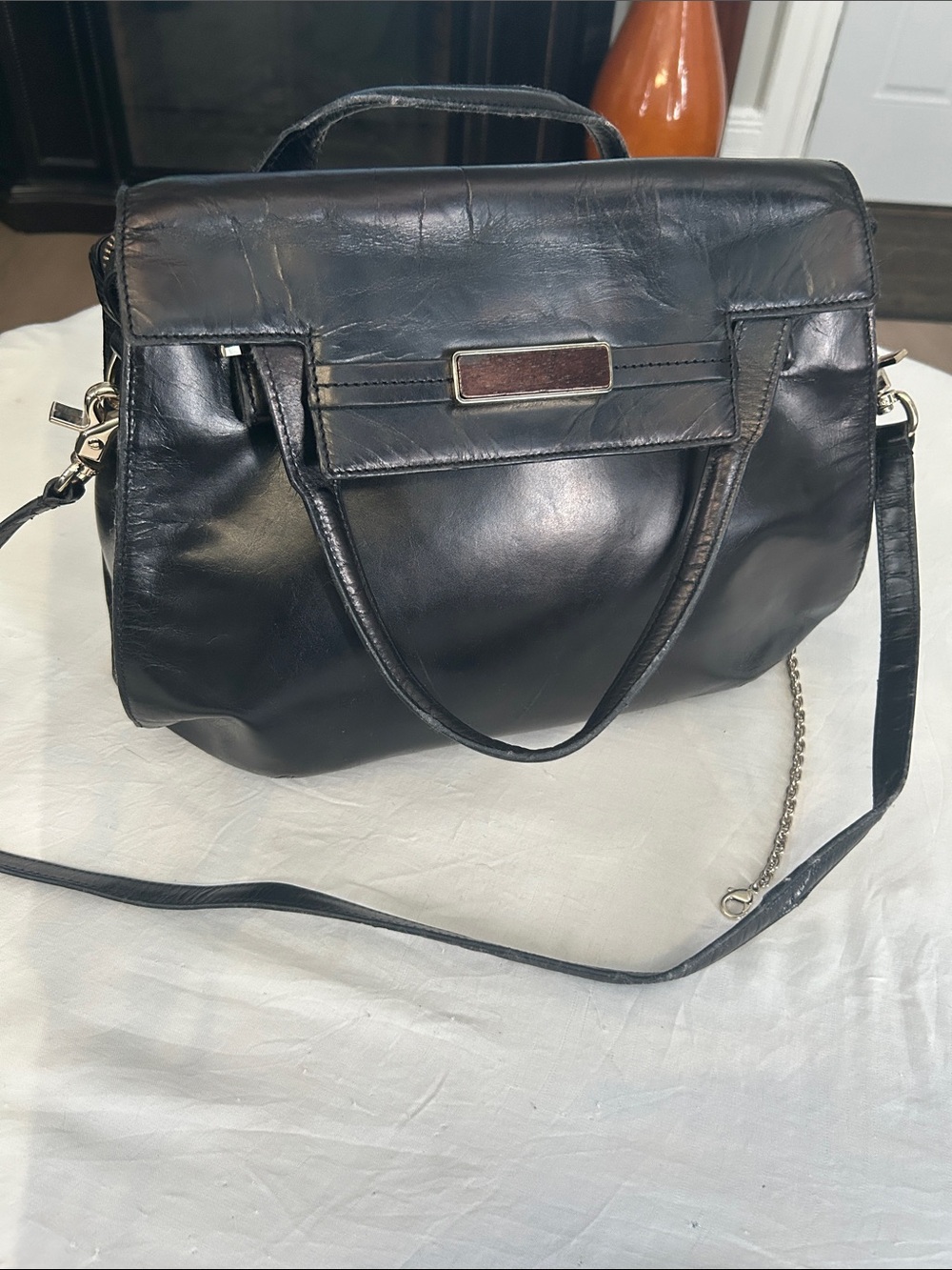 Botkier Black Leather Top-Handle Satchel with Crossbody Strap 14”X 12”X 3”